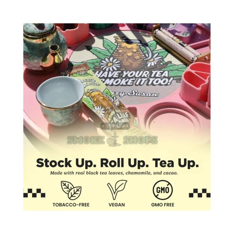Stack of Blazy Susan Tea Leaf Wraps packs at an El Paso smoke shop counter, 2 wraps per pack, natural tea aroma