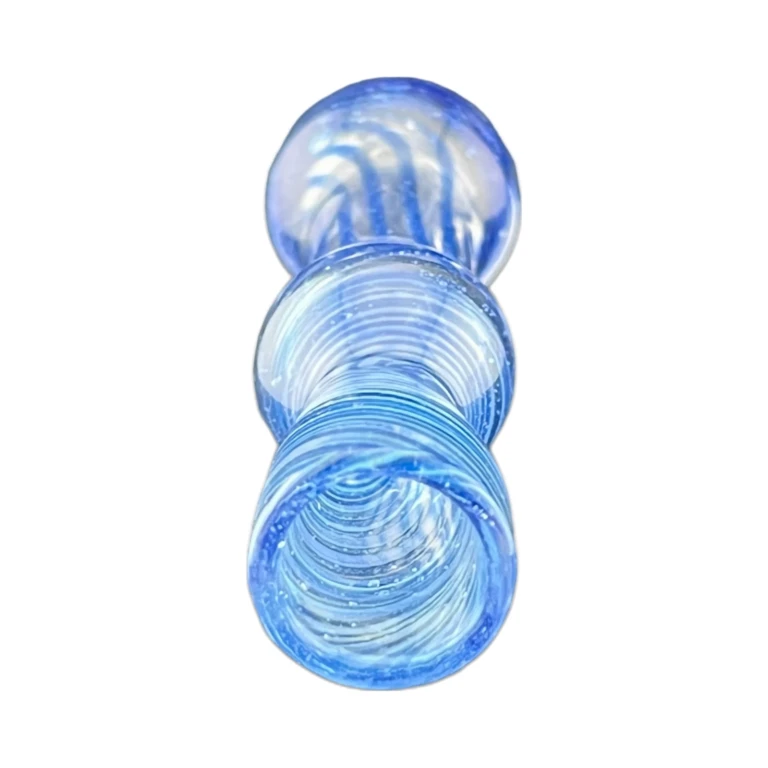 Bowl end of the clear Bubbled glass chillum with blue and white fumed swirls, a 3.5 inch one-hitter, in El Paso