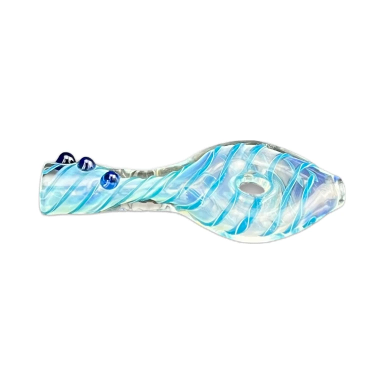 Side view of the teal and blue borosilicate bulb-end chillum showing swirled color-work, in stock in El Paso