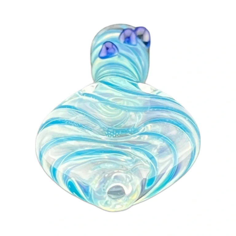 Mouthpiece end of the teal and blue glass one-hitter chillum with a flat 3 mm tip, sold in El Paso
