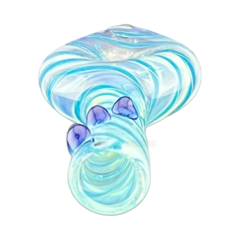 Bowl end of the bulb-end glass chillum with teal and blue swirls, a compact one-hitter, at El Paso Smoke Shops