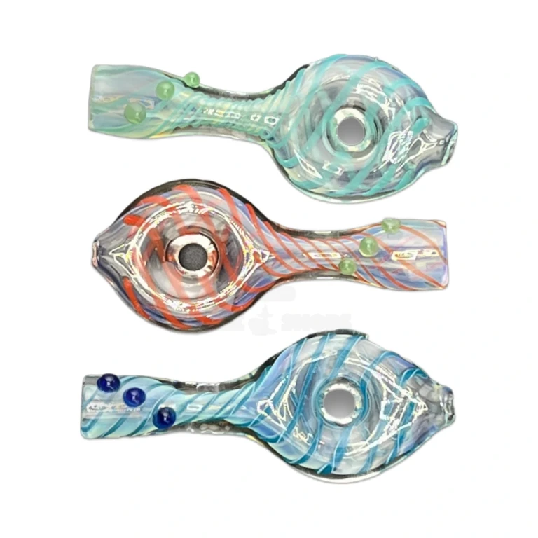 Full length of the 3.2 inch teal and blue borosilicate chillum one-hitter with a rounded bulb end in El Paso