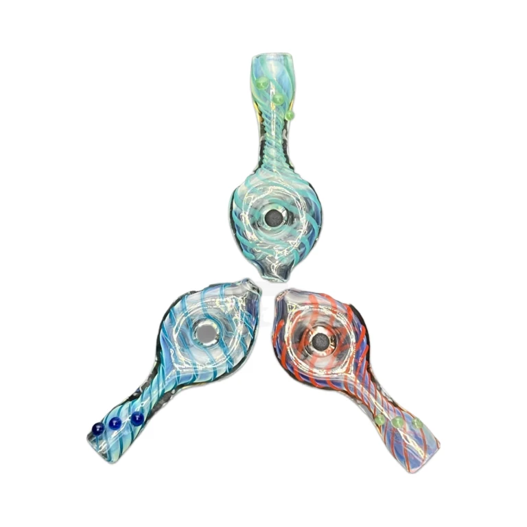 Close view of the swirled teal and blue color on the borosilicate bulb-end glass chillum at El Paso Smoke Shops