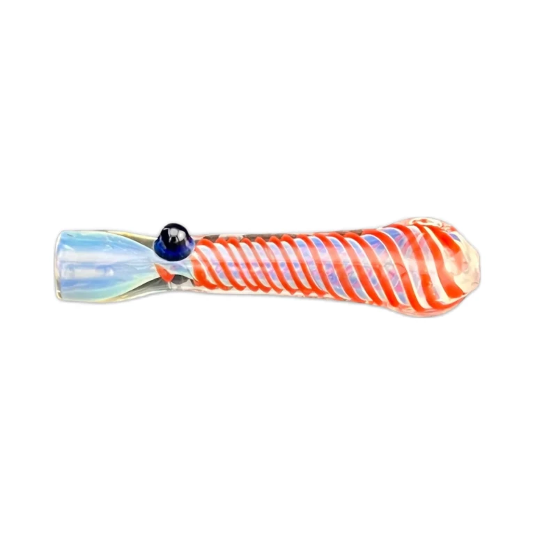 Side view of the Bumpy borosilicate chillum showing the raised grip bumps and red and orange color, in stock in El Paso