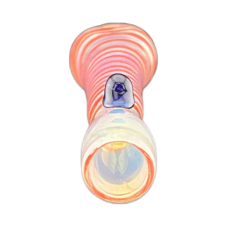 Bowl end of the red and orange Bumpy glass chillum, a textured 3.4 inch one-hitter tobacco pipe in El Paso