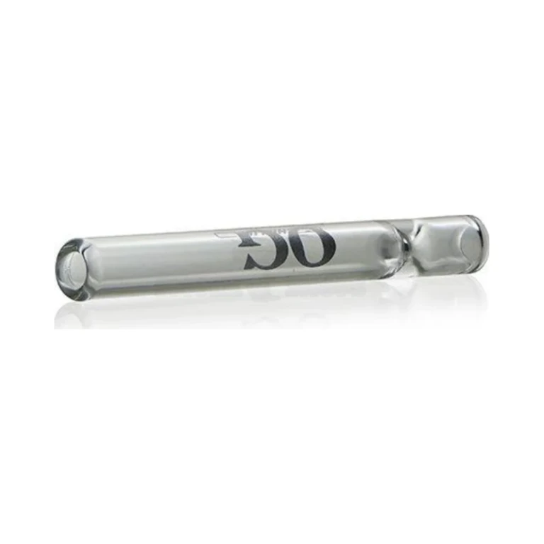 Angled view of the clear spiral glass chillum showing the white twist and slim 4 inch body, in stock in El Paso