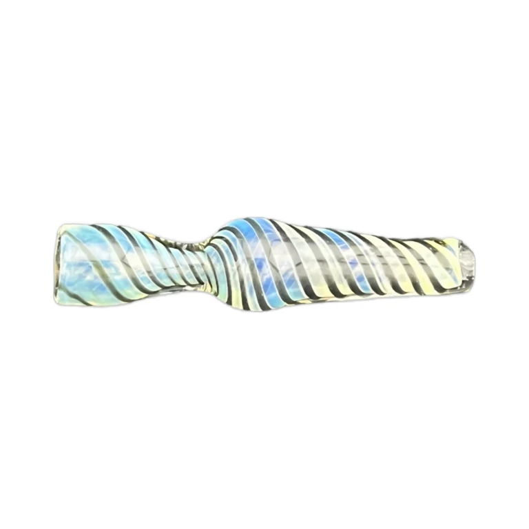 Side view of the blue and teal swirl borosilicate chillum one-hitter, a slim clear glass pipe in stock in El Paso