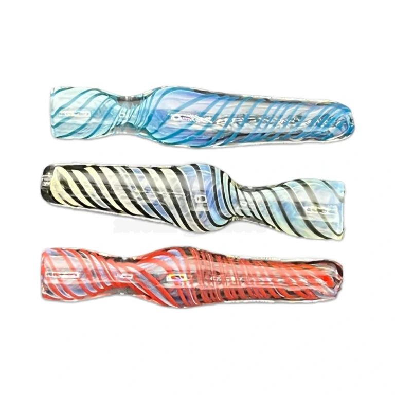 Full length of the 3.4 inch blue and teal swirl borosilicate glass chillum one-hitter at El Paso Smoke Shops