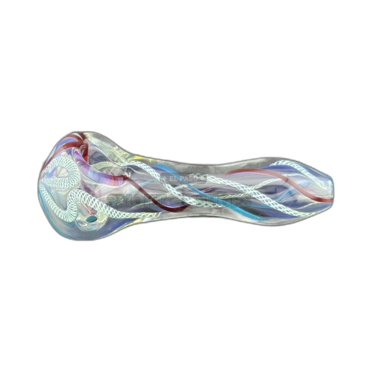 Clover CCWPF108 glass spoon pipe left-side carb hole close-up in El Paso, 4mm borosilicate wall, stands upright, in stock