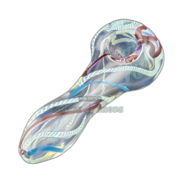 Clover CCWPF108 gold fumed glass spoon pipe front view in El Paso, red white and blue swirls, medium bowl and side carb