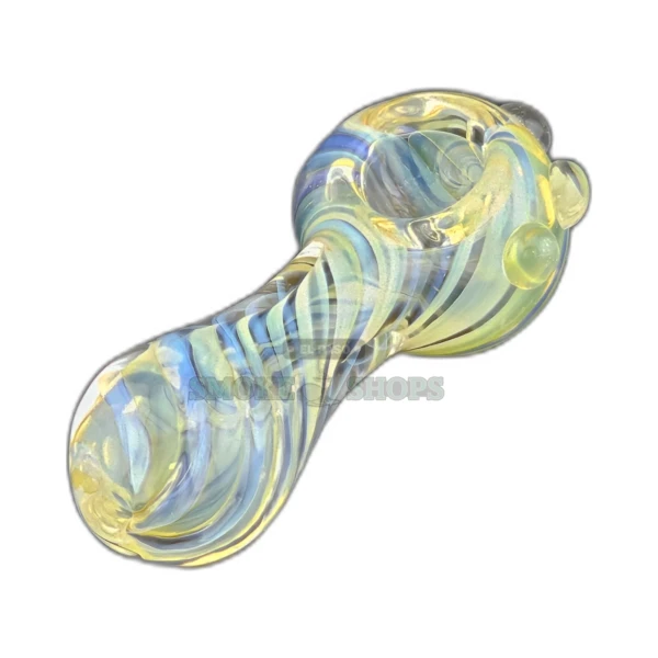 Clover CCWPF118 3 Dot Swirl glass spoon pipe front view in El Paso, clear body with yellow swirls, about 3.3 inches