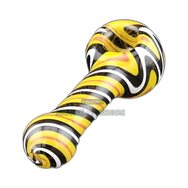 Clover CCWPF156 wig wag glass spoon pipe front view in El Paso, yellow black white and red woven pattern, medium bowl