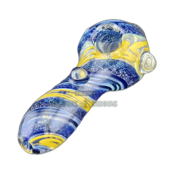 Clover CCWPF232 glass spoon pipe in El Paso, clear borosilicate body with blue and yellow swirls and left-side carb