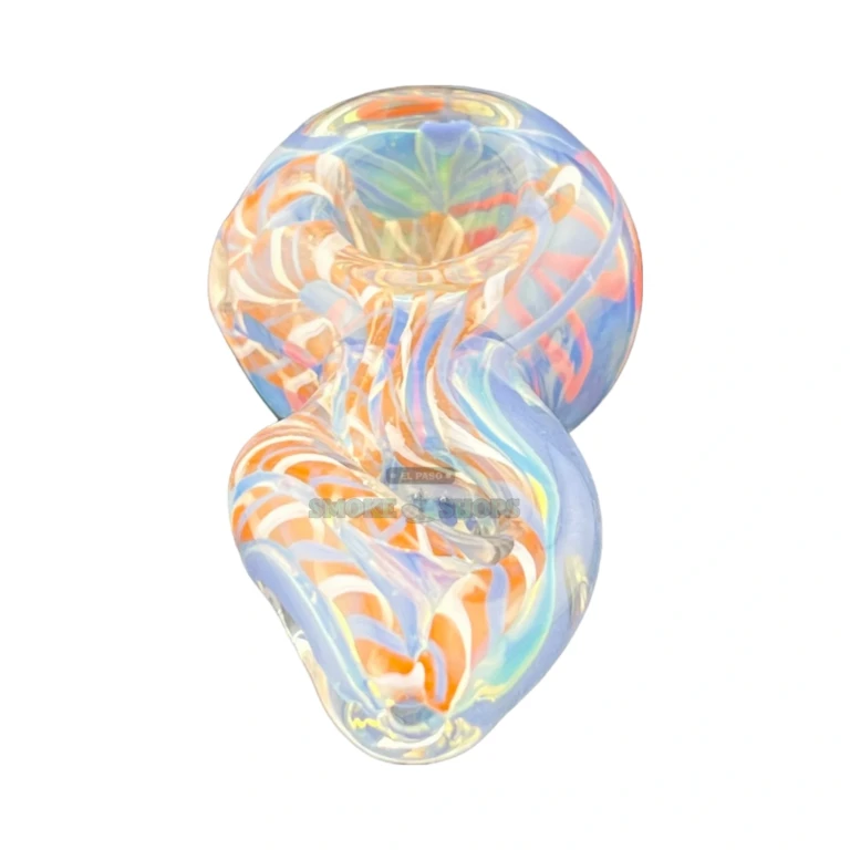 Clover CCWPF294 glass spoon hand pipe side view in El Paso, twisted mouthpiece and color glass lines, in stock