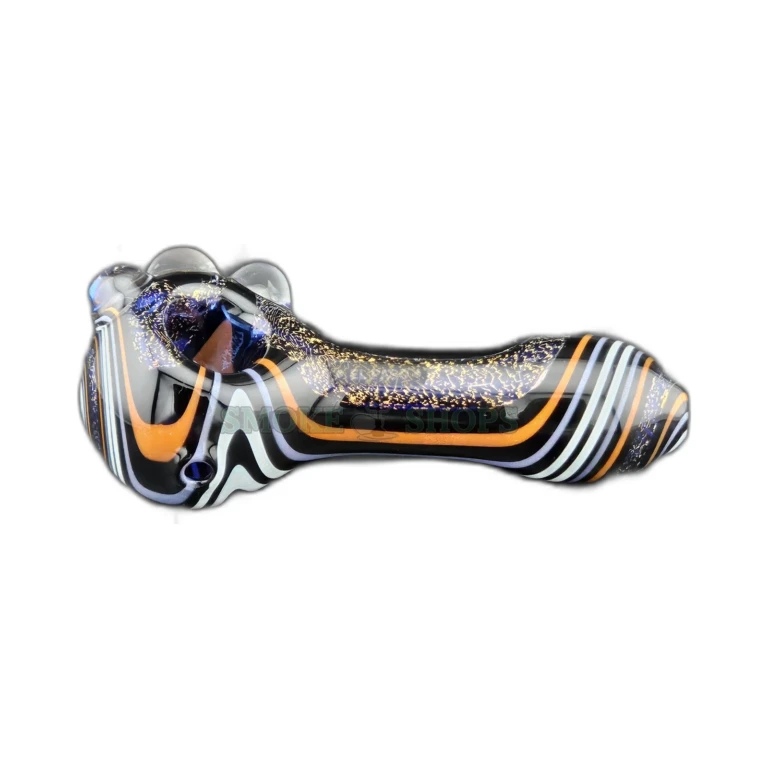 Clover CCWPF307 borosilicate spoon pipe in El Paso, black white and orange striped body, stands upright, in stock