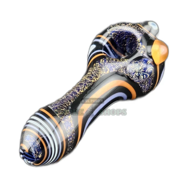 Clover CCWPF307 Time & Space glass spoon pipe in El Paso, black base with white and orange stripes, medium bowl