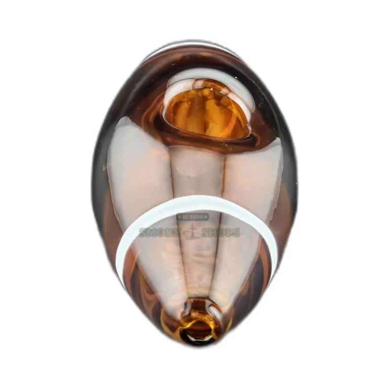 Clover CCWPF93 glass spoon pipe side view in El Paso, amber base with white lines and bumped texture, in stock today