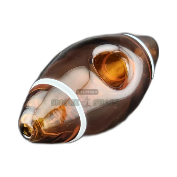 Clover CCWPF93 amber glass spoon pipe with white lines in El Paso, medium bowl and back carb hole, about 4 inches