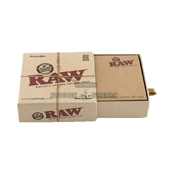 Box of RAW unrefined parchment paper pouches, 20 non-stick unbleached 8x8cm silicone squares, in stock in El Paso