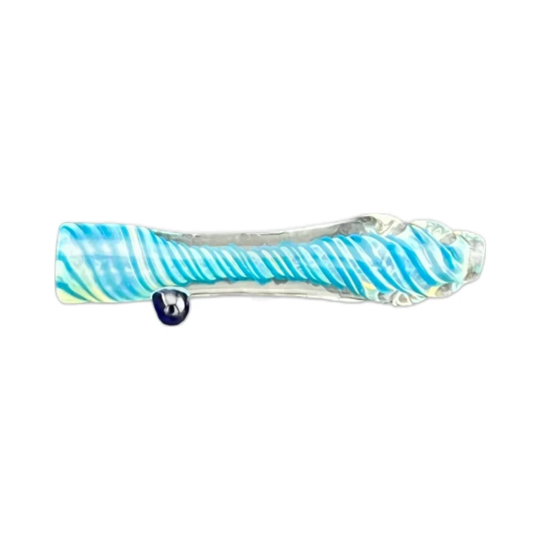 Side view of the Deep Ocean borosilicate chillum showing teal and blue fumed color swirls over clear glass, in stock in El Paso