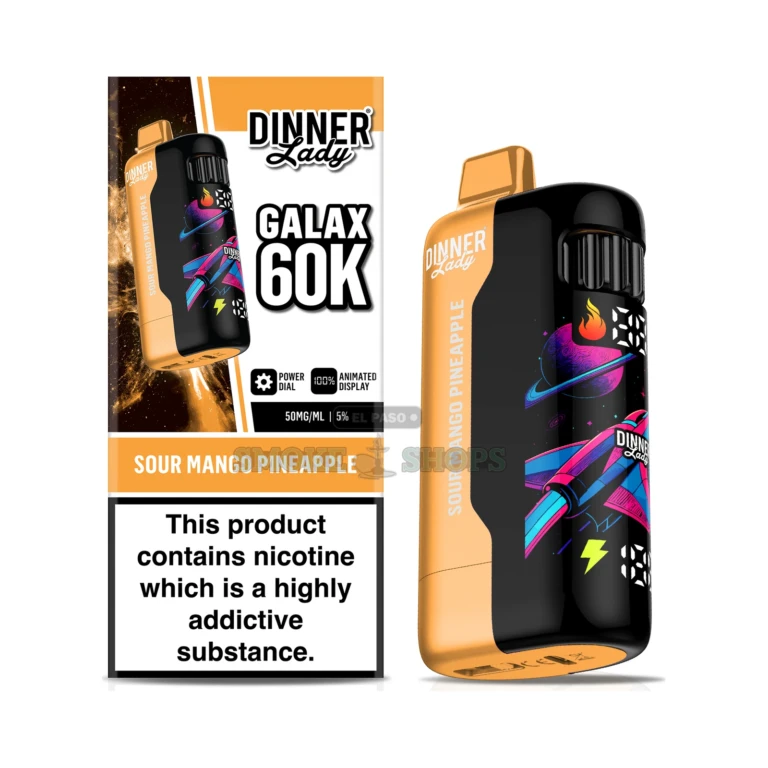 Galax 60k Disposable Vape Dinner Lady Sour Mango Pineapple close-up at El Paso Smoke Shop, in stock in El Paso for same-day p