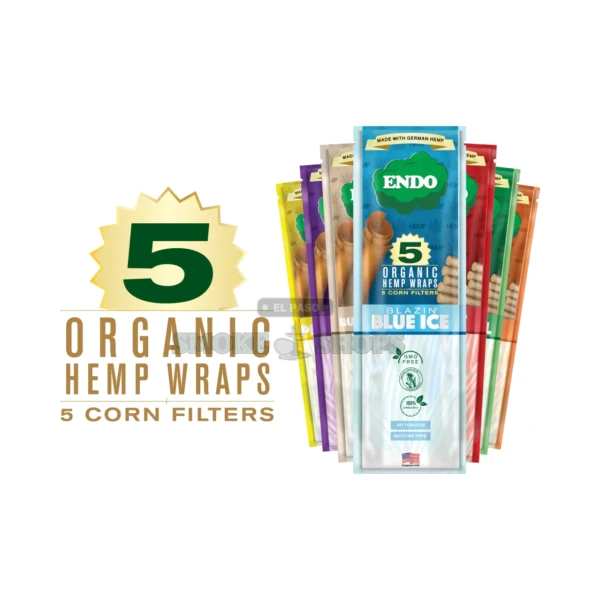 Endo organic hemp wraps 5-pack at an El Paso Smoke Shops counter, tobacco-free German hemp blunt wrap with corn filters