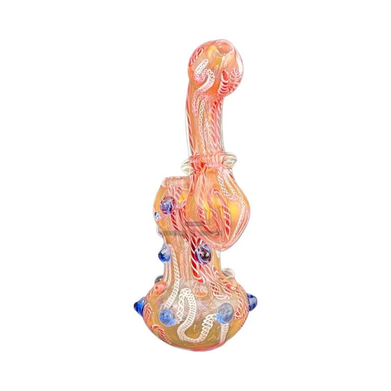 Borosilicate hammer bubbler in El Paso, pink base with blue line work, standing upright, same-day in-store pickup