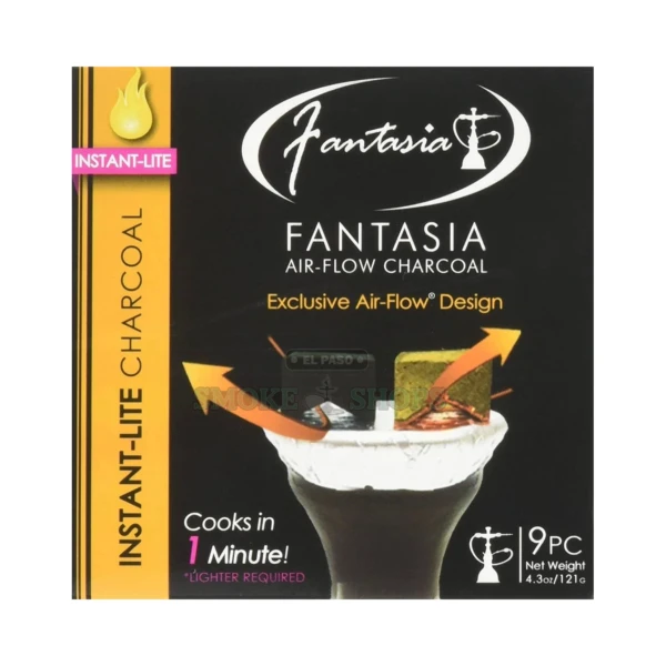 Fantasia Air Flow Instant-Lite hookah charcoal box in El Paso, 9 quick-light coals with airflow V design, same-day pickup