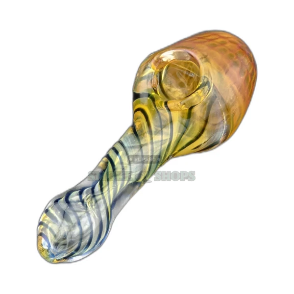 Alien Egg glass spoon pipe front view in El Paso, blue swirls and red honeycomb head, medium bowl, about 4.7 inches