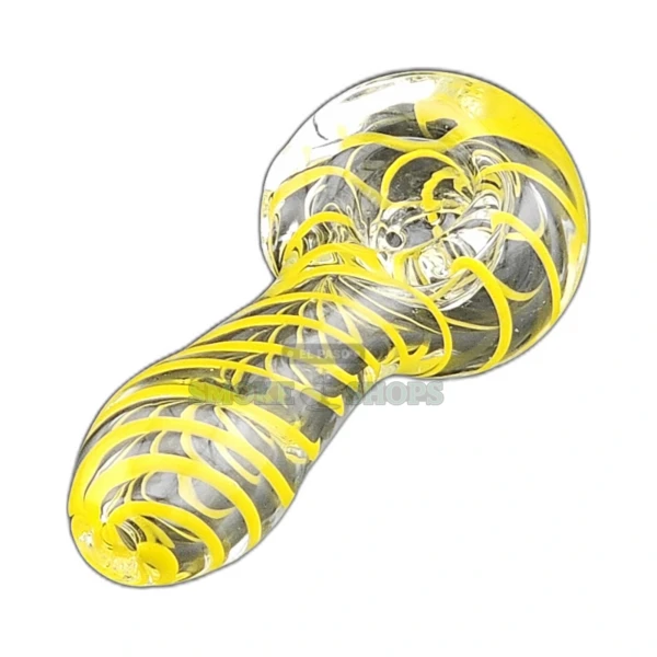Black Lines Wrap Around glass spoon pipe front view in El Paso, black and yellow swirls with medium bowl, about 3 inches