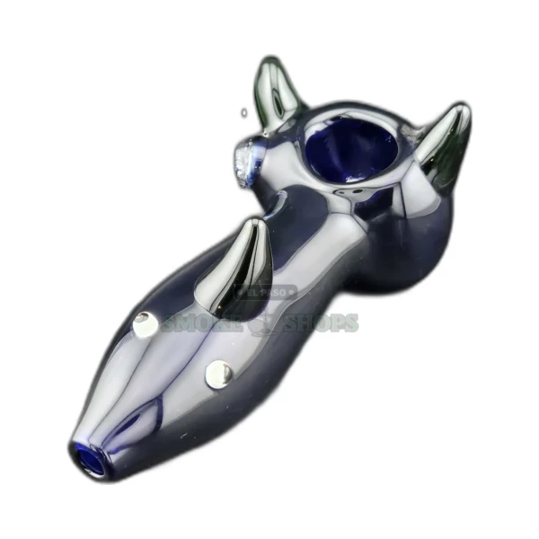 Worked glass spoon pipe in El Paso, blue base with green fins and bumped texture, bowl and left-side carb hole