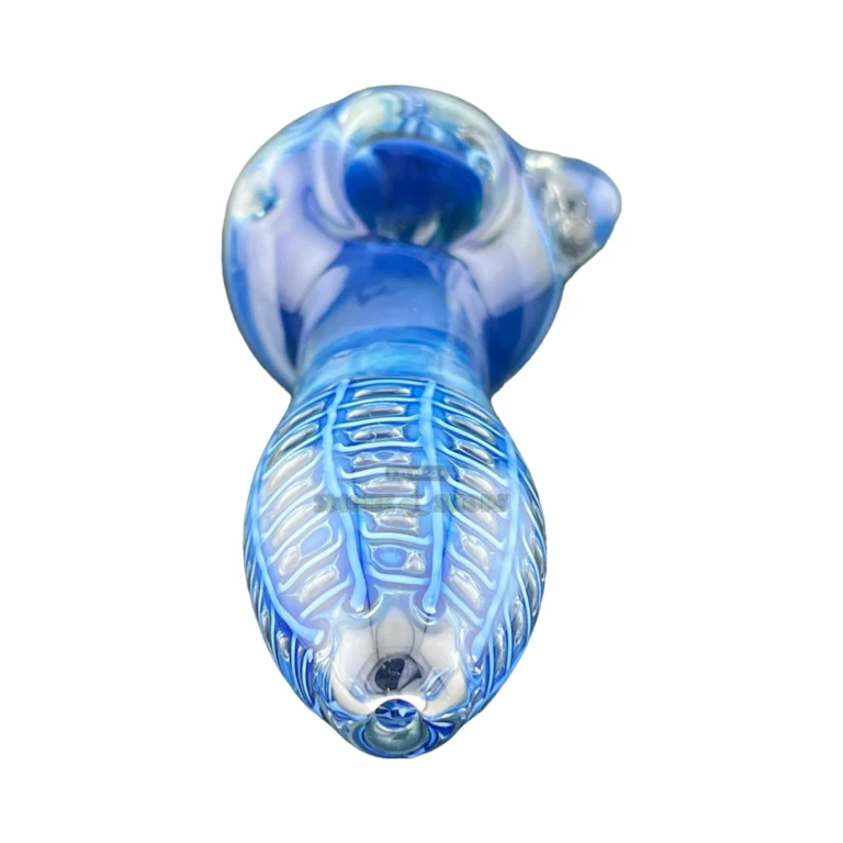 Blue Lagoon glass spoon pipe honeycomb mouthpiece close-up in El Paso, blue worked glass, in stock today