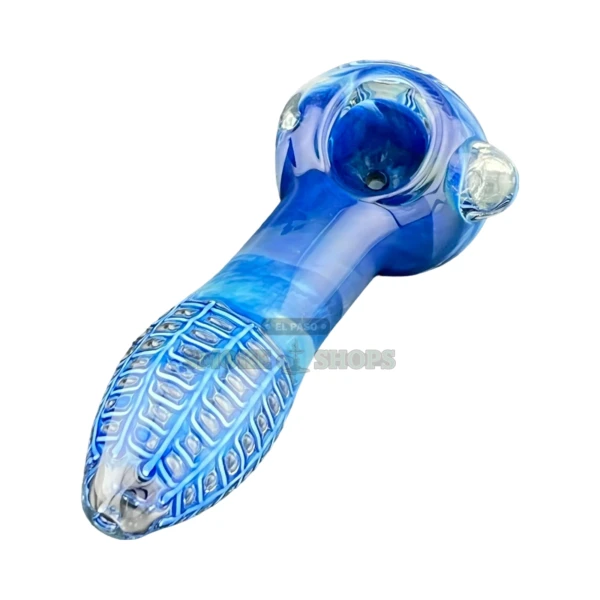 Blue Lagoon glass spoon pipe front view in El Paso, pale blue head and honeycomb mouthpiece, about 5.2 inches