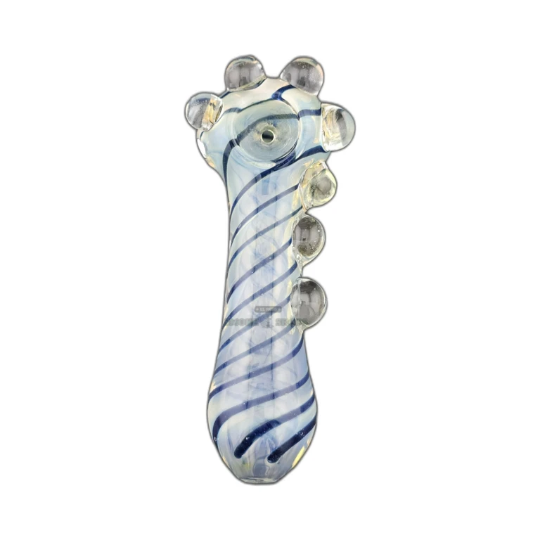 Blue Stripe Nubby glass spoon pipe bowl close-up in El Paso, clear glass with blue swirls, stands upright on its own