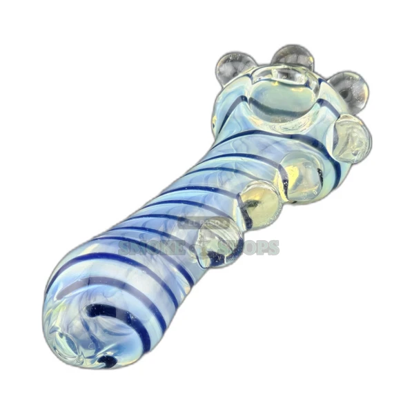 Blue Stripe Nubby glass spoon pipe front view in El Paso, clear borosilicate with blue swirls and bumped grip texture