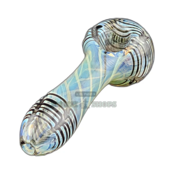 Blue and white striped glass spoon pipe front view in El Paso, clear fumed base with left-side carb hole
