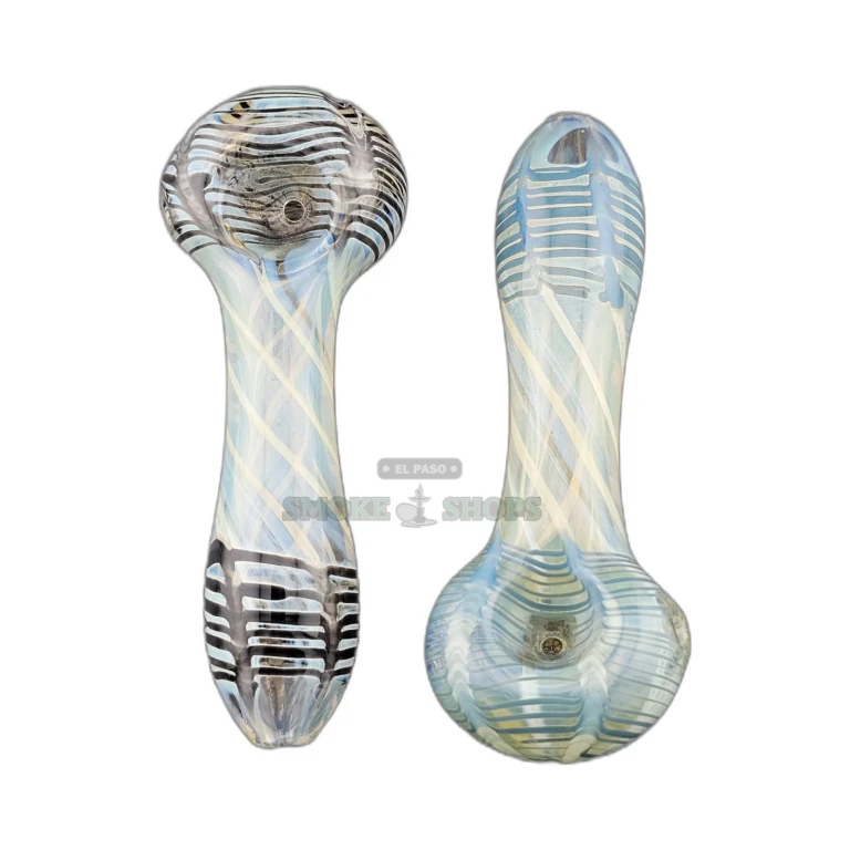 Blue and white striped glass spoon pipe side view in El Paso, 3mm glass wall, stands upright on its own