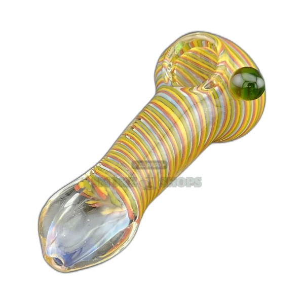Candy Swirl glass spoon pipe front view in El Paso, clear base with green, yellow, and red swirls, small bowl