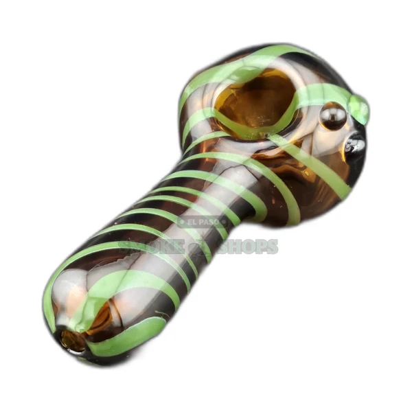 Candy Twist glass spoon pipe front view in El Paso, amber base with green swirls, left-side carb hole, pick up today
