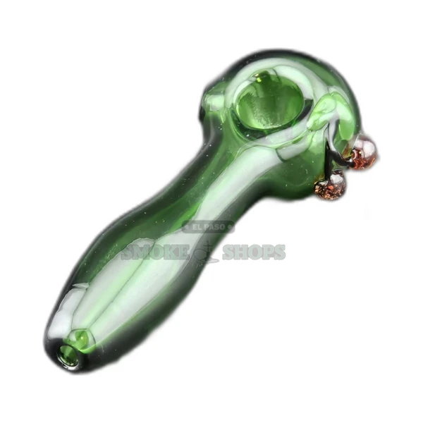 Cherry design glass spoon pipe front view in El Paso, amber body with red cherries and left-side carb, about 4 inches