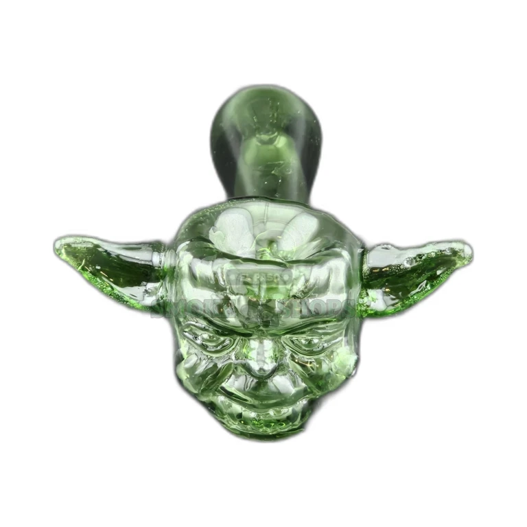 Green Yoda glass spoon hand pipe side view in El Paso, 2mm borosilicate wall that stands upright, pick up today