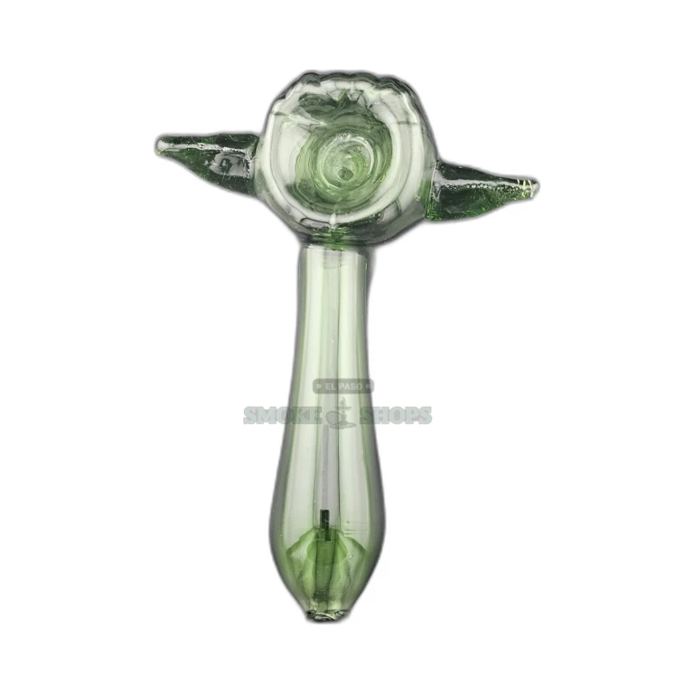 Green Yoda glass spoon pipe angled view in El Paso, solid green base and 2mm left-side carb, reserve online