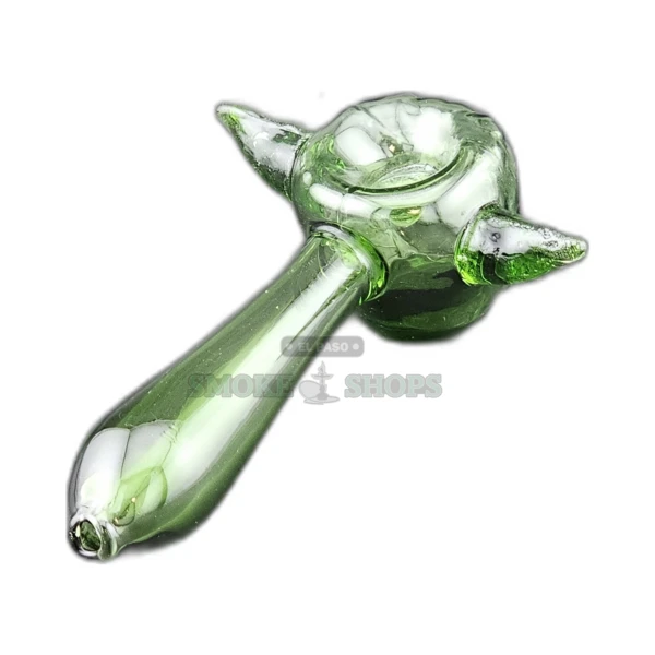 Clear green Yoda glass spoon pipe front view in El Paso, green borosilicate with large bowl and left-side carb hole