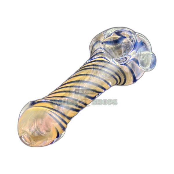 Clear Hat glass spoon pipe front view in El Paso, blue swirls on a clear base with a left-side carb hole