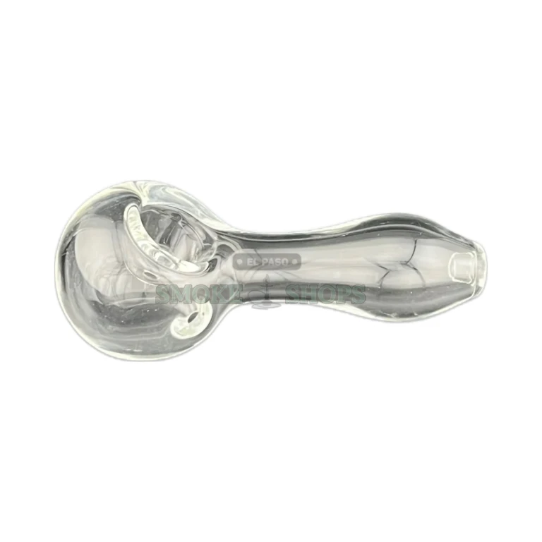 Clear HI90 glass spoon pipe side view in El Paso, see-through borosilicate body with rounded mouthpiece, pickup today