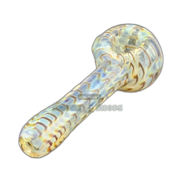 Color-changing glass spoon pipe in El Paso, clear base with red and brown lines and left-side carb hole, about 4.4 in