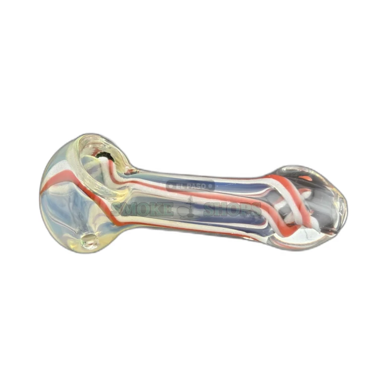 Color Line clear glass spoon pipe side view in El Paso, red and white swirls, stands upright, pick up today