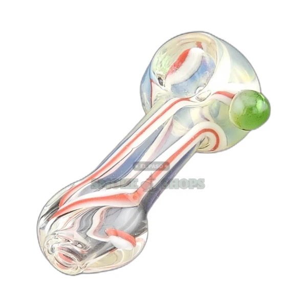 Color Line clear glass spoon pipe in El Paso, red and white swirls in borosilicate body, medium bowl and left carb