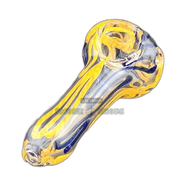 Colorado Thick glass spoon pipe front view in El Paso, clear borosilicate with blue and orange lines and medium bowl