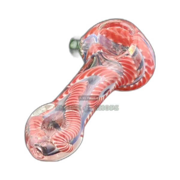 Colored horizontal lining glass spoon pipe front view in El Paso, clear borosilicate body with colored lines, about 3.8